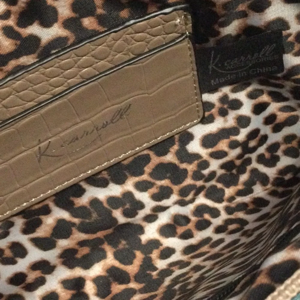 K. Carroll Taupe color Lauren Baguette Satchel. Vegan leather, croc texture